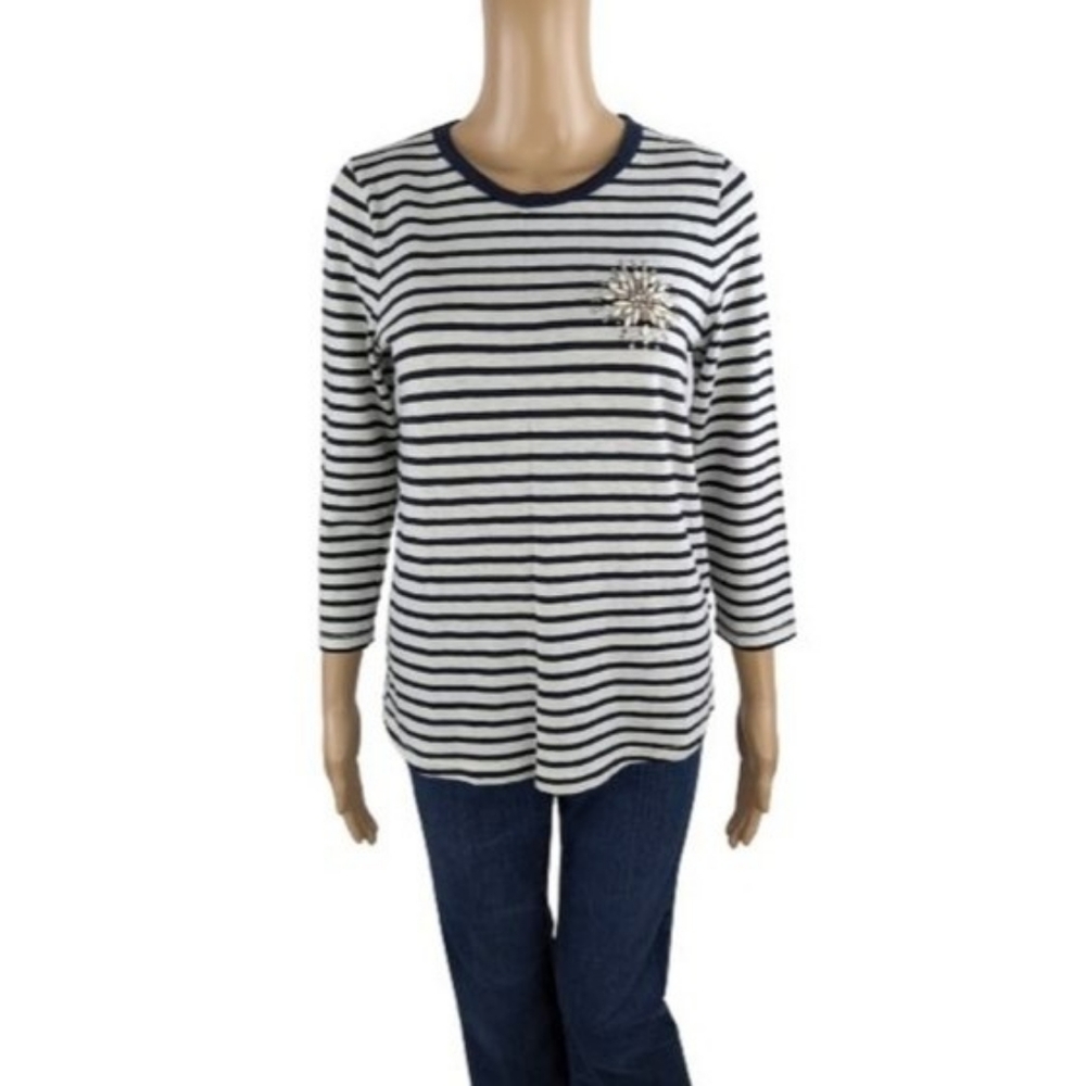 J. Crew Stripe Painter Tee with Jeweled Brooch M